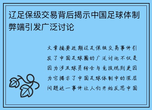 辽足保级交易背后揭示中国足球体制弊端引发广泛讨论