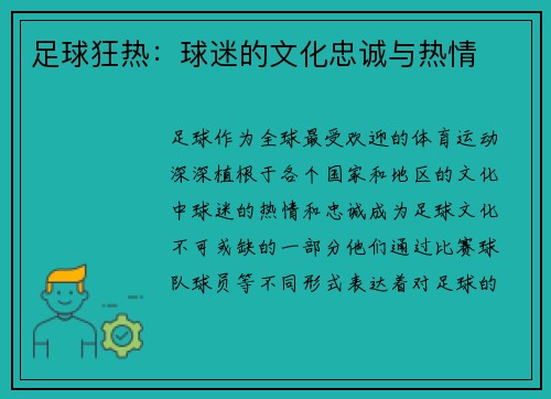 足球狂热：球迷的文化忠诚与热情
