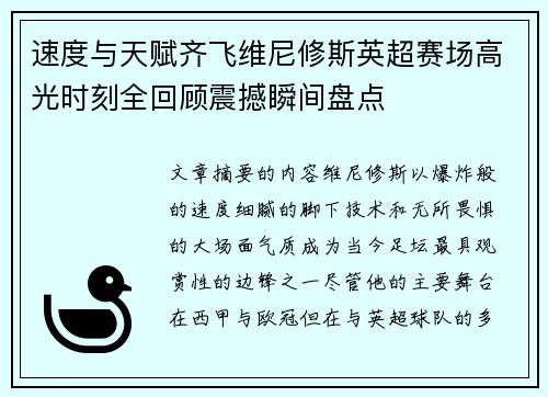 速度与天赋齐飞维尼修斯英超赛场高光时刻全回顾震撼瞬间盘点