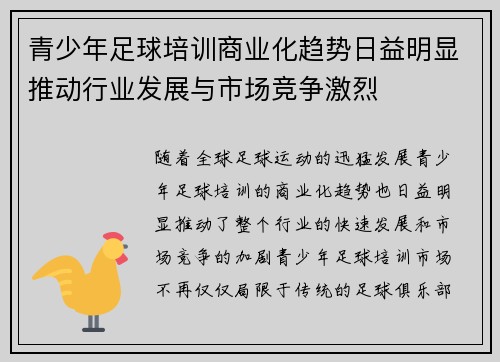 青少年足球培训商业化趋势日益明显推动行业发展与市场竞争激烈