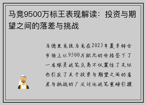 马竞9500万标王表现解读：投资与期望之间的落差与挑战