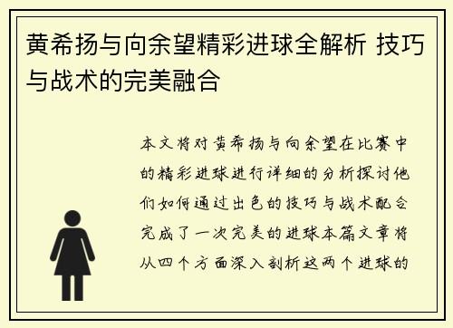 黄希扬与向余望精彩进球全解析 技巧与战术的完美融合